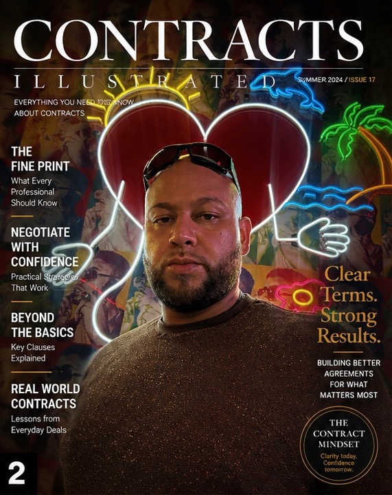Contracts Illustrated poster featuring Christopher Tabora with guidance on fine print, negotiation, key clauses, real-world contracts, clear terms, and strong results
