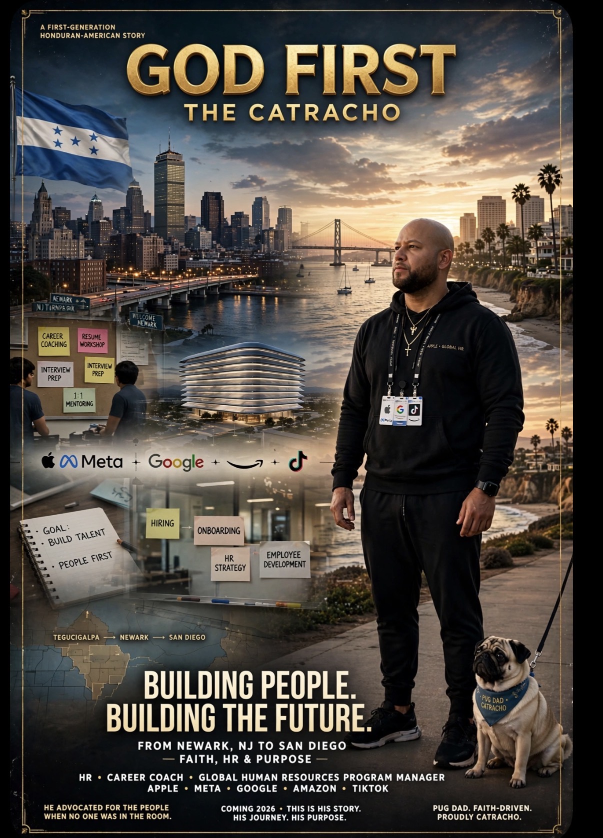 Christopher Tabora career story poster titled God First — The Catracho, celebrating his Honduran-American journey, faith, HR career, career coaching, and program leadership